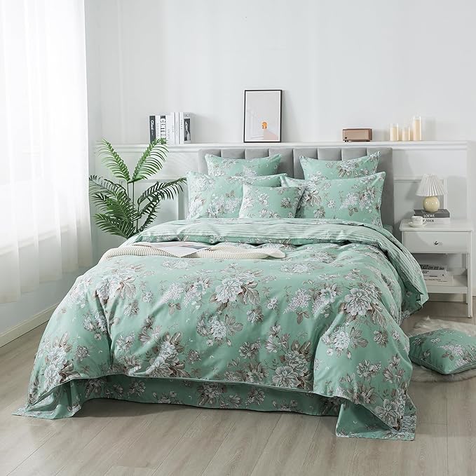 FADFAY Duvet Cover Set Twin Green Toile Floral Bedding Shabby Peony Flower Quilt Cover Set Vintage Farmhouse Bedding 100% Cotton Soft Comforter Cover Set with Hidden Zipper Closure 3Pcs, Twin Size