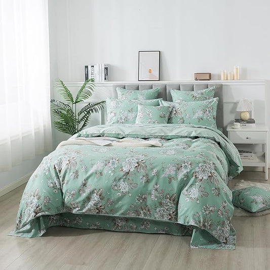 FADFAY Duvet Cover Set Twin Green Toile Floral Bedding Shabby Peony Flower Quilt Cover Set Vintage Farmhouse Bedding 100% Cotton Soft Comforter Cover Set with Hidden Zipper Closure 3Pcs, Twin Size