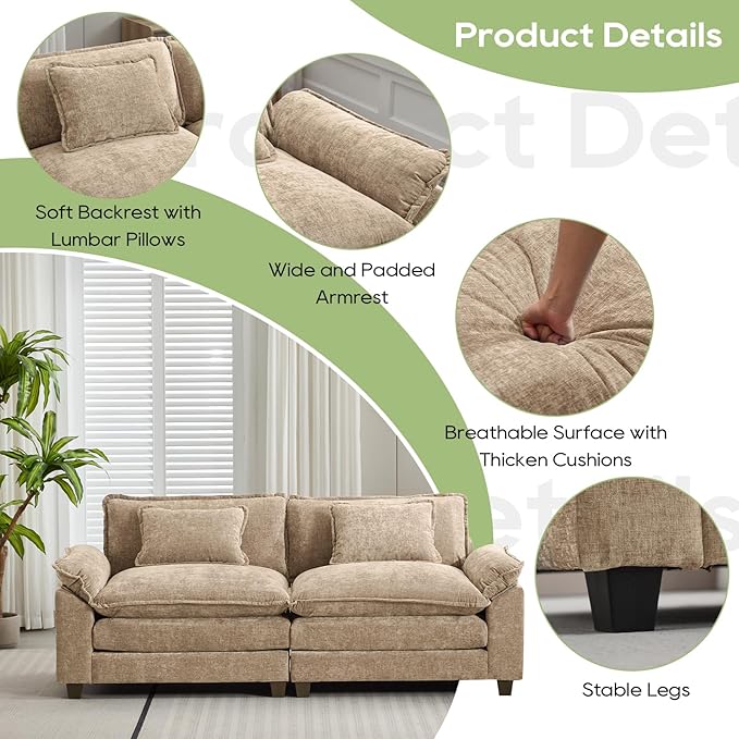 86" Modular Sectional Sofa, Comfy Cloud Couch Sectional Sofa, Chenille Sofa Sleeper Deep Seat Sofa with Throw Pillows for Living Room (Khaki, 86"- Loveseat)