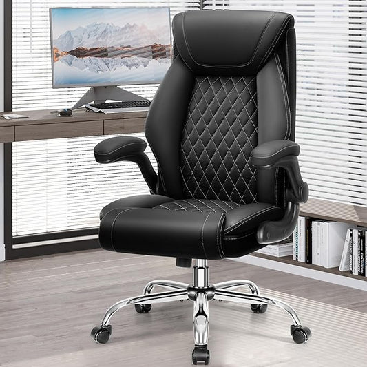 Office Chair, Ergonomic High Back Home Office Desk Chair, Big and Tall Breathable Leather Office Chair with Lumbar Support Flip-Up Armrests, Computer Chair with Rocking Function