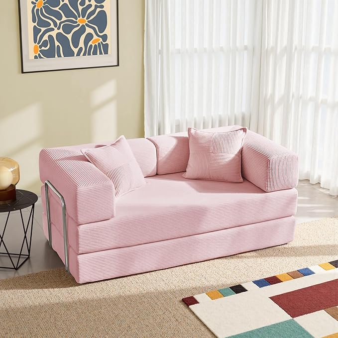 YINIX Foldable Sofa Bed, 62'' Folding Floor Couch, Compressed Convertable Sleeper Sofa, Memory Foam Couch with Pillow Back Support Armrest, 4-in-1 Futon Sofa Bed for Living Room, Pink