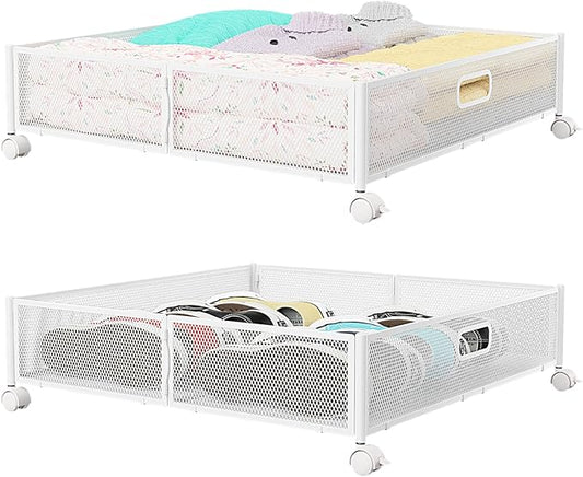 Under Bed Storage Containers with Wheels - Shoe Storage Organizer Drawer, Tool-free Assembly Metal Underbed Storage Containers for Bedroom Clothes, Shoes, Blankets - 2Pack
