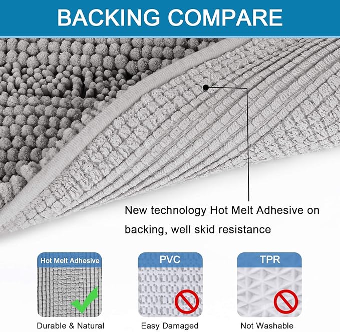 H.VERSAILTEX Bath Mats for Bathroom Non Slip Extra Thick Chenille Striped Bath Rug 24" x 36" Absorbent Non Skid Fluffy Soft Shaggy Rugs Washable Dry Fast Plush Mats for Indoor, Bath Room, Tub - Dove