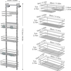 Orimade Over the Door Shower Caddy Adjustable 5 Tier Silver Grey,Bathroom Hanging Organizer Shelf Rustproof with 4 Hooks,Shower Basket with Soap Holder and Suction Cup