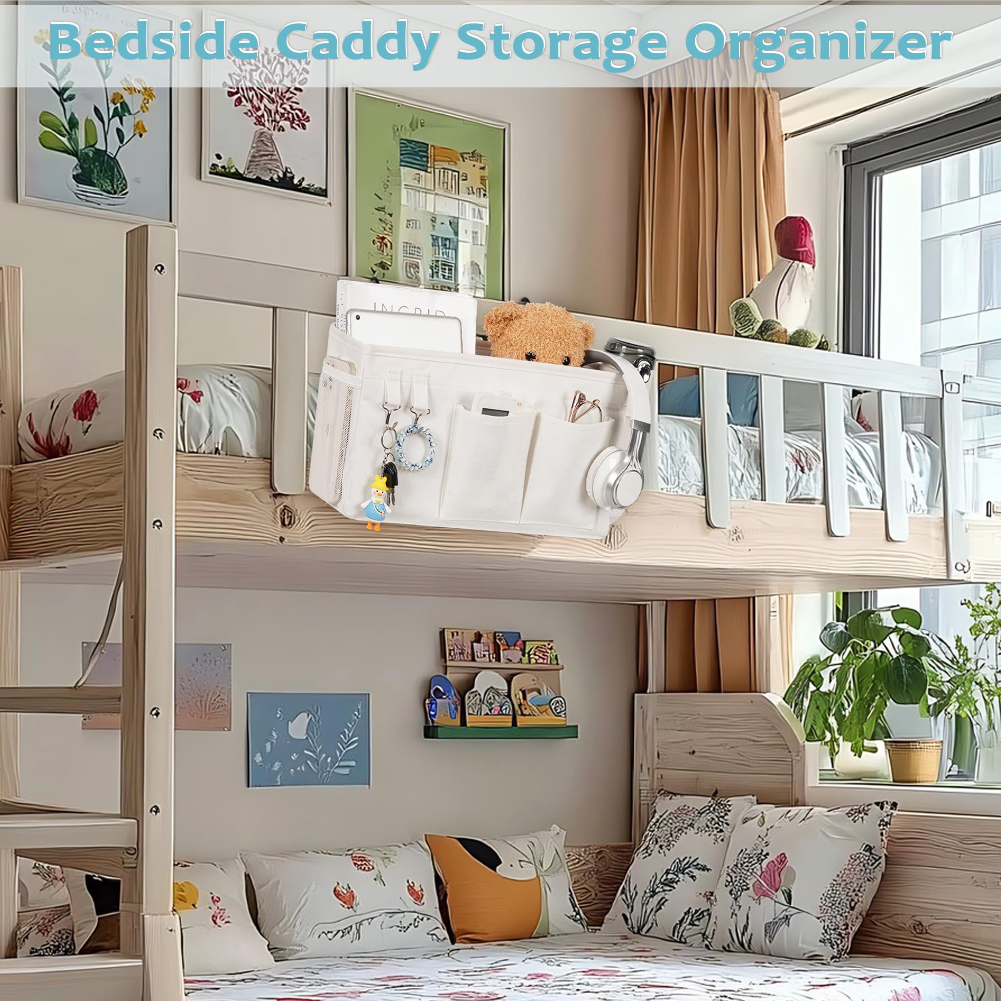 Loghot Bedside Caddy/Bedside Storage Bag Hanging Organizer for Bunk and Hospital Beds,Dorm Rooms Bed Rails,Can be Placed Glasses,Books,Mobile Phones,Keys (Light Pink) Dormly