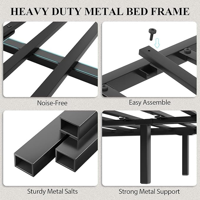 Queen Size Bed Frame with Storage Headboard, Industrial Platform Bed with Charging Station and LED Lights, Heavy Duty Metal Slats, No Box Spring Need, Noise Free, Black