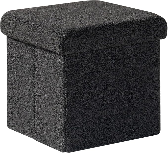 PINPLUS Storage Ottoman Cube Square Shaped Ottomans with Storage Foot Stool Footrest for Lving Room Boucle Ottoman Seat for Dorm Room,Faux Teddy Fur Black, 11.8"x11.8"x11.8"