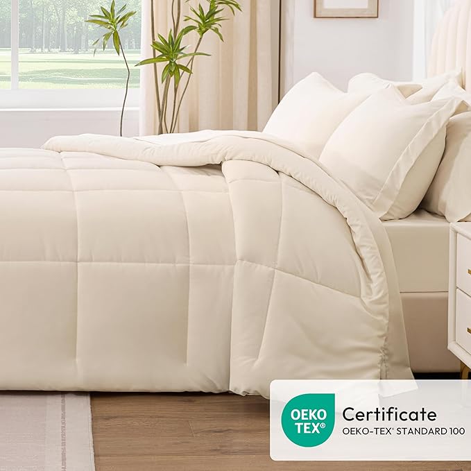 Love's cabin Twin Comforter Set Beige, 5 Pieces Twin Bed in a Bag, All Season Bedding Sets with 1 Comforter, 1 Flat Sheet, 1 Fitted Sheet, 1 Pillowcase and 1 Pillow Sham