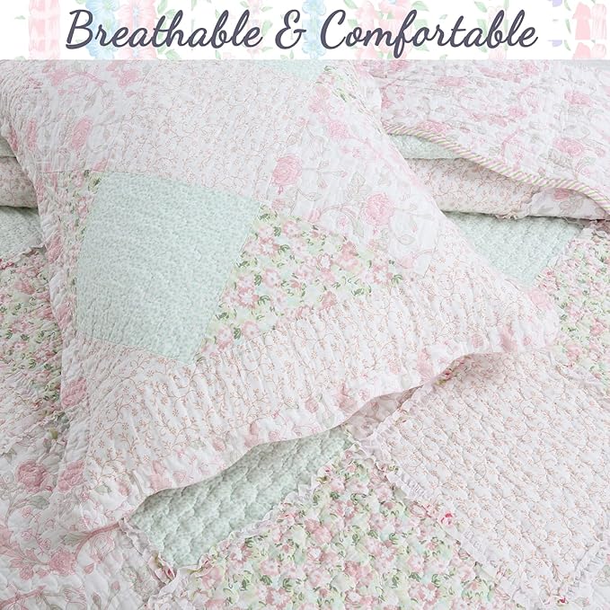 Cozy Line Home Fashions 100% Cotton Real Patchwork Floral Pink Rose Shabby Chic Girly Reversible Quilt Bedding Set, Coverlet Bedspread (La Rosa Rêve, Queen - 3 Piece)