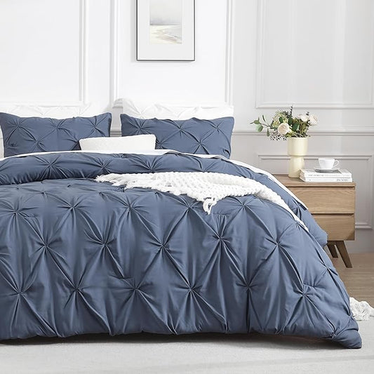 Andency Dark Blue Grey Pinch Pleat Comforter Full(79x90Inch), 3 Pieces(1 Down Alternative Comforter and 2 Pillowcases) Dark Blue Grey Bed Set Microfiber Pintuck Bedding Set