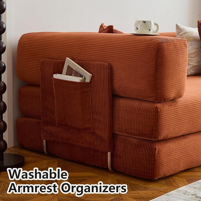 98.4" Convertible Sofa Bed - Compression Sofa with Corduroy Fabric - with Armrests and Backrest - Modular Sectional for Living Room, Bedroom, Studio - Compression Sofa in Box (Orange)