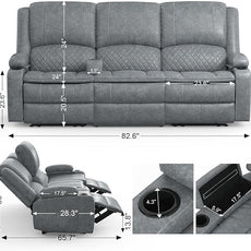 Recliner Sofa, 3 Seater Manual Reclining Sofa with 2-Tier Cushion, Reclining Couches for Living Room with Removable Console, Hidden Storage Space, Cup Holders - Gray