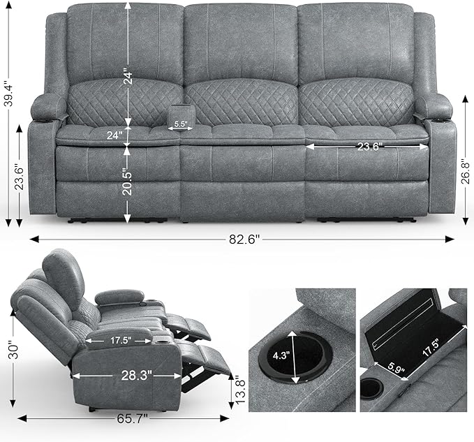 Recliner Sofa, 3 Seater Manual Reclining Sofa with 2-Tier Cushion, Reclining Couches for Living Room with Removable Console, Hidden Storage Space, Cup Holders - Gray