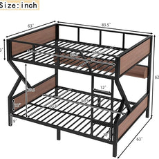 Queen over Queen Bunk Bed with Storage Shelves, Metal Bunk Beds with Ladders and LED Lights, Heavy-duty Bunkbed for Bedrooms, Guest Rooms and Dorms, No Box Spring Needed and Noise-free Design, Black