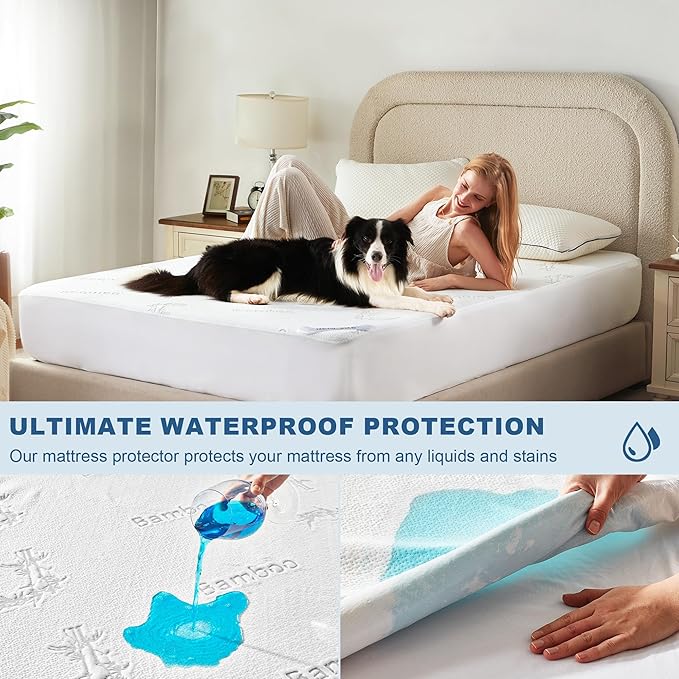 BEDLORE California King Size Waterproof Mattress Protector Viscose Derived from Bamboo, Soft Mattress Cover Fitted with Deep Pocket 6"-18", Breathable Noiseless Mattress Pad, Machine Washable(White)