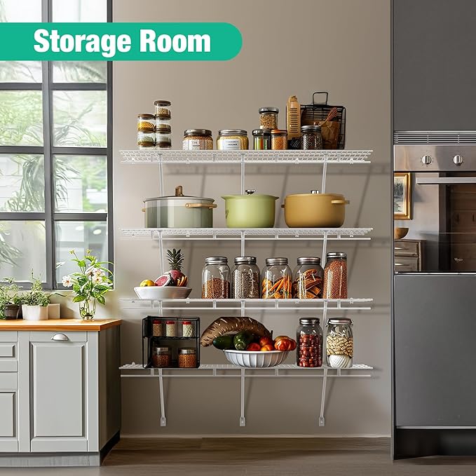 HAUSHOF Closet Shelves 4ft x 16in Wall Mounted 2-Pack, White Metal Wire Shelving for Laundry Room, Closet, Basement Organization and Storage