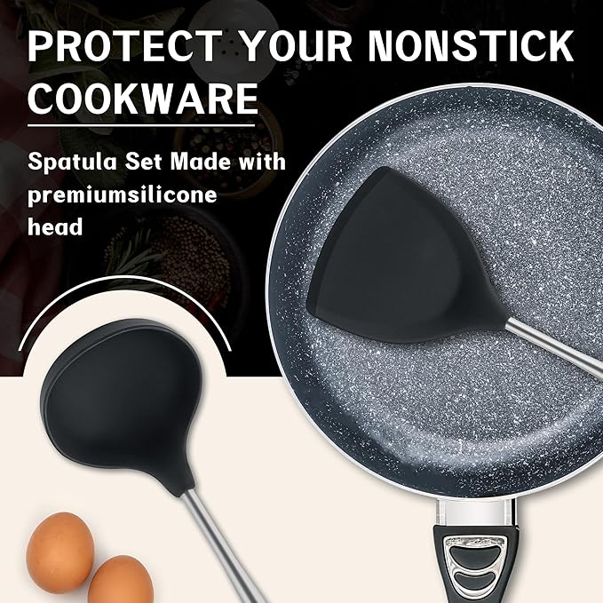 FJNATINH Silicone Spatula Ladle Set - BPA Free Stainless Steel Non Stick Heat-Resistant Kitchen Tools Cooking Utensils Cookware with Wooden Handle, 2 Pcs