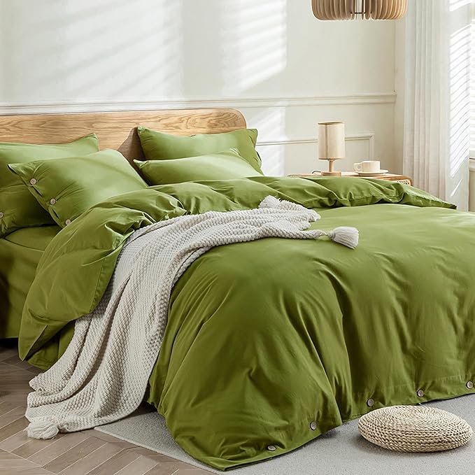 JELLYMONI Christmas Duvet Cover Queen Size - Avocado Green Comforter Cover with Button 100% Washed Cotton 3PCS Breathable Soft Solid Bedding Set Duvet Cover 90×90in & 2 Pillowcases (NO Comforter)