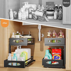 Under Sink Organizer, 2 Tier Under Sink Organizers and Storage, Adjustable Height, Slide out Metal Cabinet Organizers, Pull out Cabinet Storage Drawer Shelf for Kitchen Bathroom