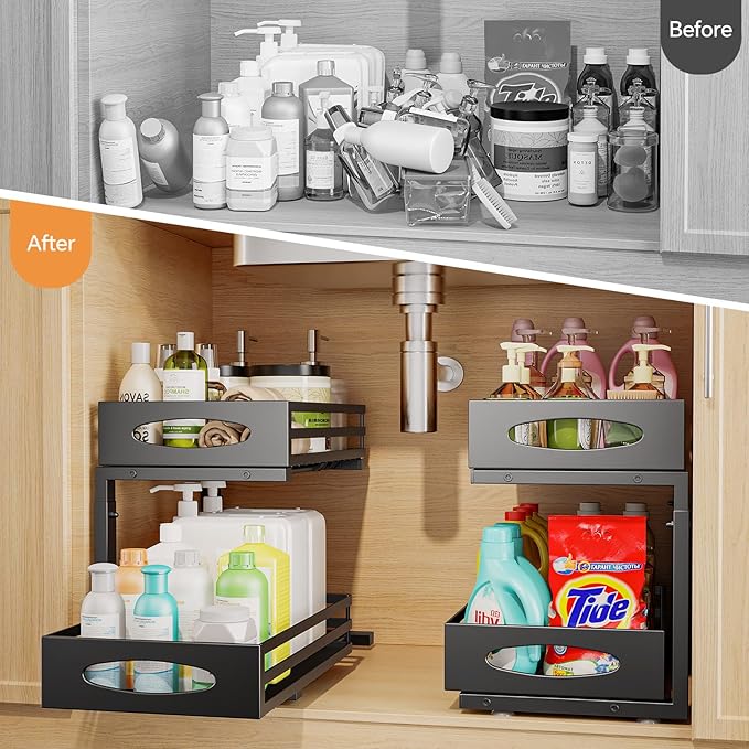 Under Sink Organizer, 2 Tier Under Sink Organizers and Storage, Adjustable Height, Slide Out Metal Cabinet Organizers, Pull Out Cabinet Storage Drawer Shelf for Kitchen Bathroom