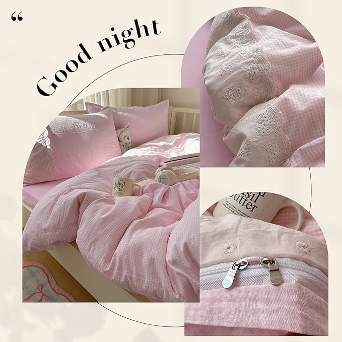 mixinni Pink Gingham Duvet Cover Queen Size - 3 Piece Cottagecore Plaid Bedding Set with Lace Trim, Soft Washed Microfiber Vintage Aesthetic Grid Comforter Cover & Pillow Shams, (Pink White Gingham)