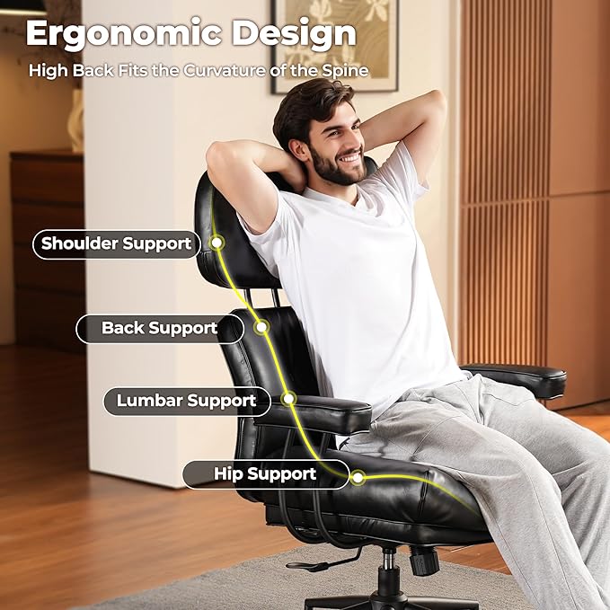 ovios Ergonomic Office Chair, High Back Faux Leather Executive Chairs with Thick Cushion, Comfy High-Century Modern Swivel Rolling Computer Armchair (Black, PU Leather)
