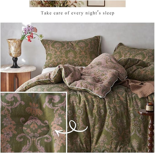 MKXI Floral Linen Comforter Set Twin XL Army Green Vintage Paisley Comforter Bedding for Neutral Bedroom Rich Rust Jacquard Floral Bed Comforters for Boys Cotton Yarn-Dyed Textured Soft Lightweight