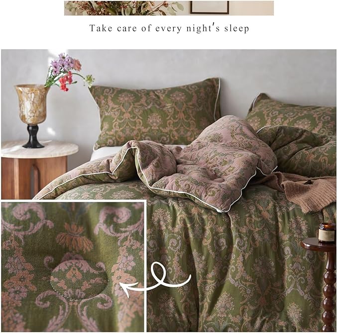 MKXI Floral Linen Comforter Set Queen Army Green Vintage Paisley Comforter Bedding for Neutral Bedroom Rich Rust Jacquard Floral Bed Comforters for Men Women Cotton Yarn-Dyed Textured Soft Lightweight