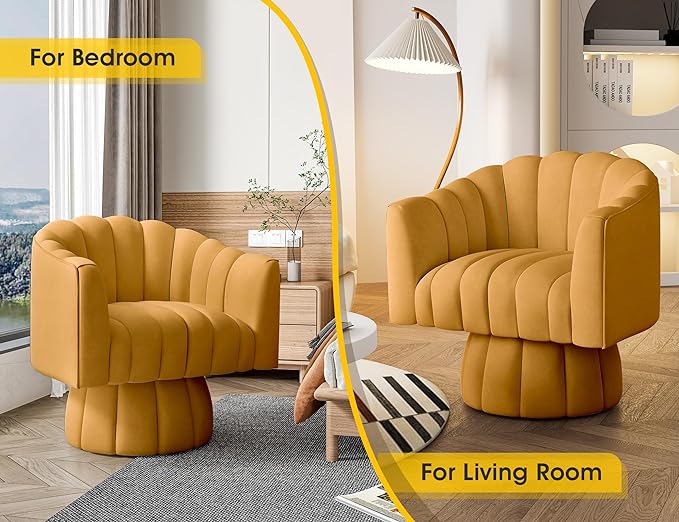 Accent Chair Mid Century 360 Degree Swivel Chair,Modern Lounge Sofa Round Barrel Chair with Wide Upholstered,Fluffy Velvet Fabric Chairs for Home Sofa Living Room/Bedroom/Waiting Room (Mustard)
