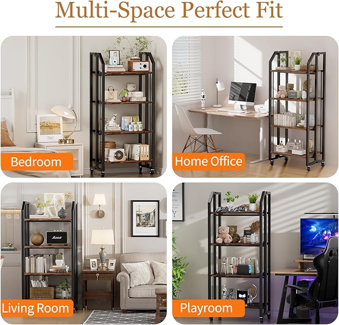 No Assembly Double-Sided Folding Bookshelf for Living Room, 4 Tier Collapsible Book Shelf for Home Office, Portable Bookcase Storage Organizer