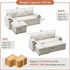 DURASPACE Sofa Bed, Sleeper Sofa Couch with Pullout Bed for Living Room, L Shaped Couch with Storage Chaise, USB, Cup Holder (Beige)
