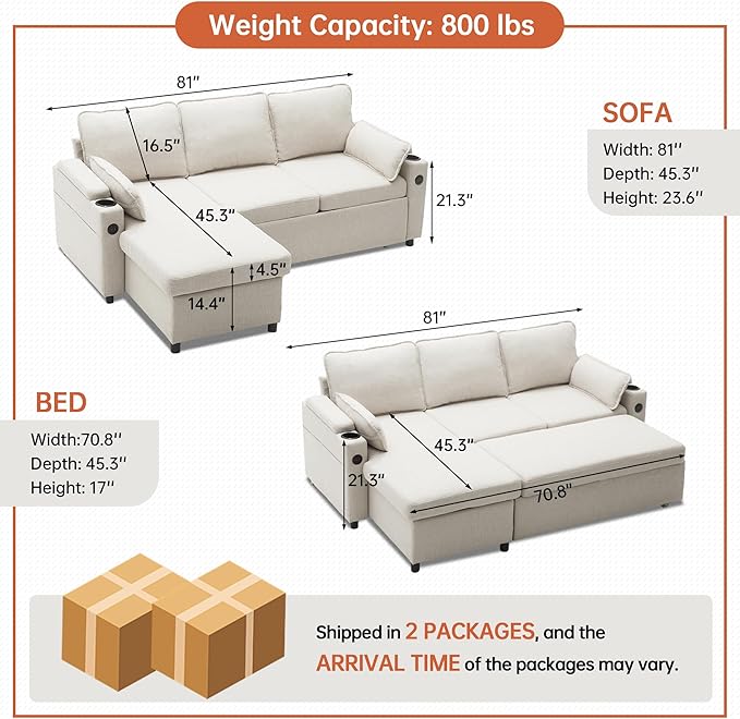 DURASPACE Sofa Bed, Sleeper Sofa Couch with Pullout Bed for Living Room, L Shaped Couch with Storage Chaise, USB, Cup Holder (Beige)