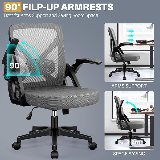 FelixKing Office Chair - Ergonomic Desk Chair Breathable Mesh Task with Wheels and Lumbar Support Home Desk Office Chairs with Flip up Armrest Rolling Swivel for Home Computer Dark Gray