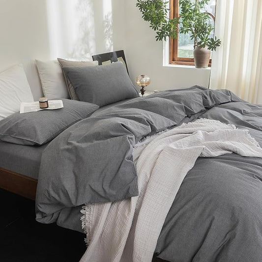 FOSSA Duvet Cover Set 100% Washed Cotton Linen Feel Super Soft Breathable Cozy 3 Pieces Bedding Sets Solid Dark Grey Full/Double