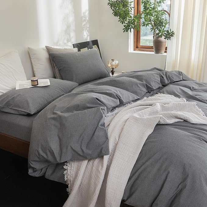 FOSSA Duvet Cover Set 100% Washed Cotton Linen Feel Super Soft Breathable Cozy 3 Pieces Bedding Sets Solid Dark Grey Super King