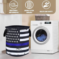 American Flag Thin Blue Line Flag Laundry Basket Foldable Oxford Cloth Funny Tote Bag Laundry Hamper Clothes Storage Bucket Organizer For Bathroom/Laundry Storage /Bedroom17.7x13.7 Inch