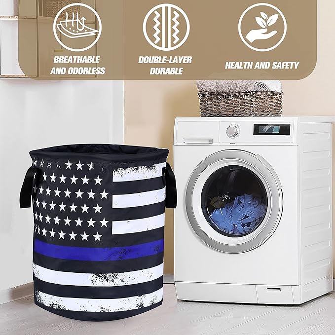 American Flag Thin Blue Line Flag Laundry Basket Foldable Oxford Cloth Funny Tote Bag Laundry Hamper Clothes Storage Bucket Organizer For Bathroom/Laundry Storage /Bedroom17.7x13.7 Inch