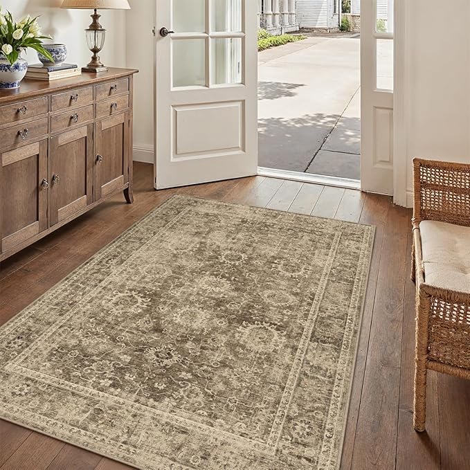 3x4 Washable Area Rug for Entryway Brown Vintage Non-Slip Low Pile Distressed Rustic Carpet Lightweight Vacuumable Door Mat Soft Small Door Mat Small Throw Rug for Entrance