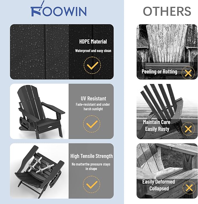 FOOWIN Adirondack Chair with Retractable Ottoman,HDPE Folding Adjustable Adirondack Chair w/4 in 1 Cup Holder Trays,All-Weather Resistant Fire Pit Chair for Outdoor Patio Lawn Set of 6