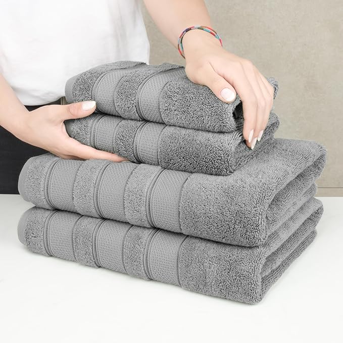 American Soft Linen Salem Turkish Bath Towel Set, 100% Cotton 600 GSM 6 Piece Towels for Bathroom, 2 Bath Towels 2 Hand Towels 2 Washcloths, Light Grey