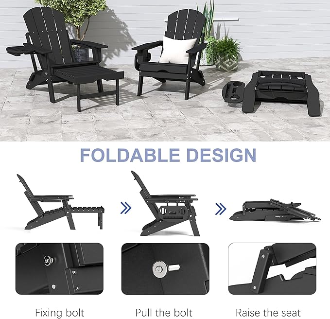 FOOWIN Adirondack Chair with Retractable Ottoman,HDPE Folding Adjustable Adirondack Chair w/4 in 1 Cup Holder Trays,All-Weather Resistant Fire Pit Chair for Outdoor Patio Lawn Set of 6