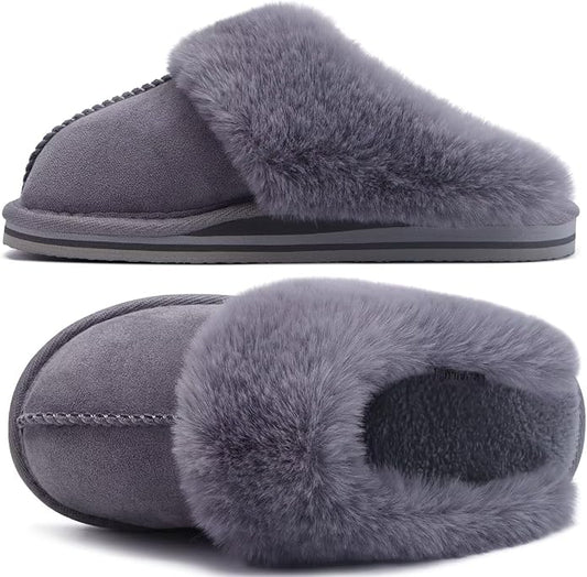 KuaiLu Womens Fluff Dual Memory Foam Slippers Ladies Cozy Arch Support Warm Scuff Slippers Slip on Comfy Winter House Shoes with Non-Slip Indoor Outdoor Hard Sole