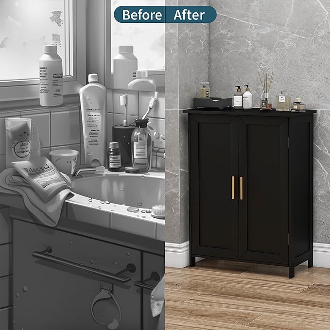 Bathroom Storage Floor Cabinet Freestanding Organizer with Adjustable Shelves for Bathroom Laundry Room,2 Doors