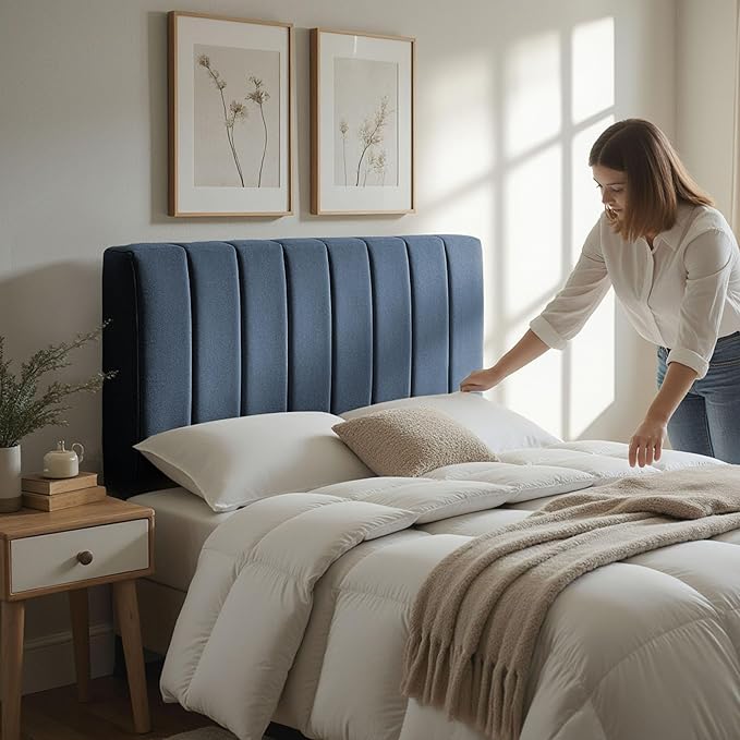 Hearth & Harbor Upholstered Queen Headboard - Easy Assemble Channel Stitched Headboard Queen Size - Wall Mounted Headboards with 3D Soundproof Wall Panels Peel & Stick Floating Headboards, Slate Blue