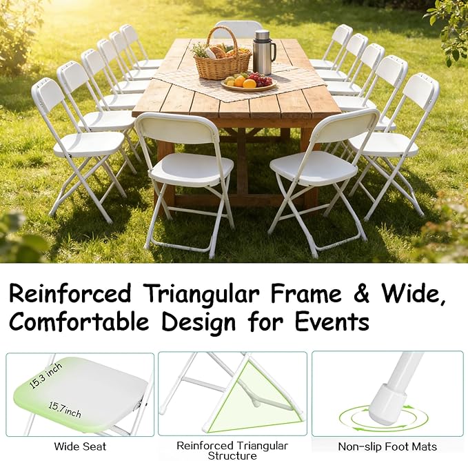 SHGJ&SOFT 6 Pack Folding Chairs, 350LBS Sturdy Metal Steel Frame Foldable Chairs, Heavy Duty Plastic Commercial Seating for Indoor, Outdoor, Party, Wedding, Patio, Office, Picnic (White, 6-Pack)