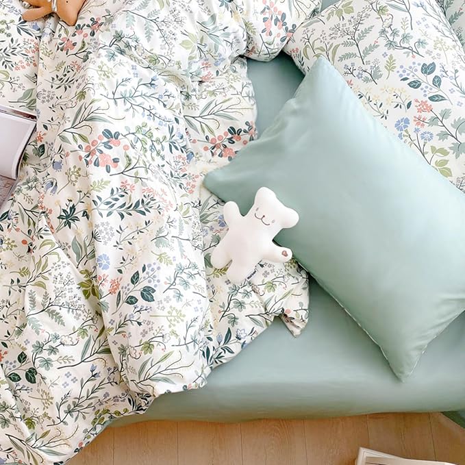 Lightweight Queen Duvet Cover Set Green Pink Floral Bedding Sets Queen Flower Branches Duvet Cover Set Aesthetic Boho Chic Premium Cotton Comforter Cover Set Girl 3 Pieces Queen Duvet Cover Set