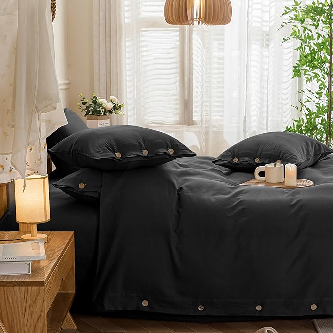 JELLYMONI Cotton Duvet Cover Full Size - Pure Black Comforter Cover with Button 100% Washed Cotton 3PCS Breathable Soft Solid Bedding Set Duvet Cover 80×90in & 2 Pillowcases (NO Comforter)