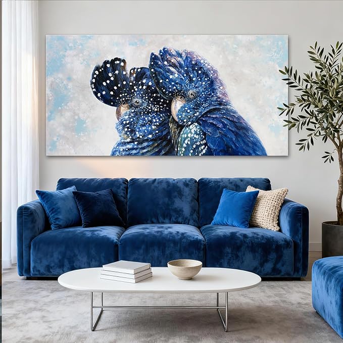 YETHEN WAL Blue Parrot Wall Art, Extra-Large Blue Bird Canvas Print, Cobalt Textured Animal Artwork for Living Room Bedroom Hallway, 24×48 Inch