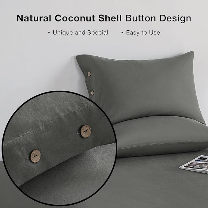 JELLYMONI King Set of 2 Cotton Button Pillow Covers 20×36in Grey Bed Pillow Cases 100% Washed Cotton Soft Breathable