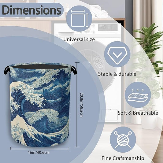 Ocean Wave Laundry Basket,Japanese Foldable Oxford Cloth Tote Bag Laundry Hamper Clothes Storage Bucket Organizer for Bedroom Laundry Storage Dormitories 16" x 20.8"